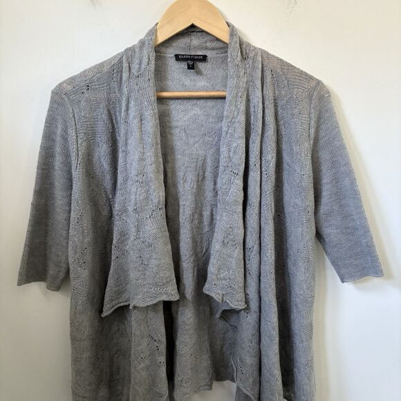 Eileen Fisher Merino Wool Cardigan Small Sweater Open Front Open Knit Waterfall - Picture 8 of 8